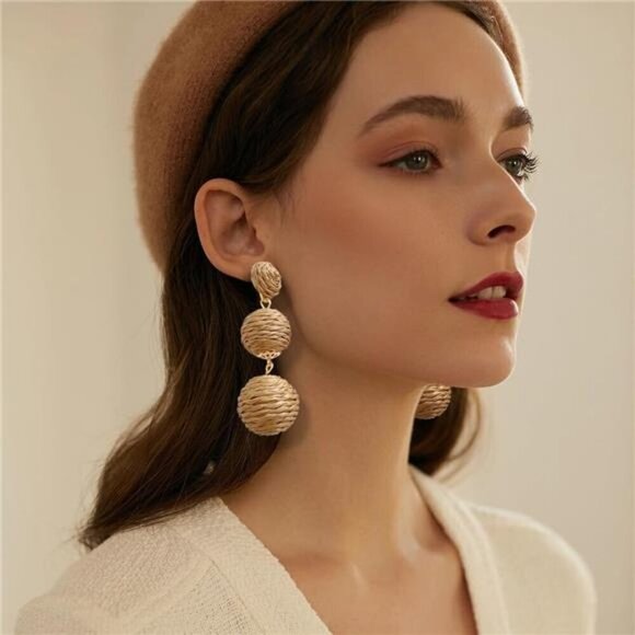 Boho Double Ball Drop Earrings โ Woven Rattan Statement Earrings, Set of 2 pair - Picture 4 of 7